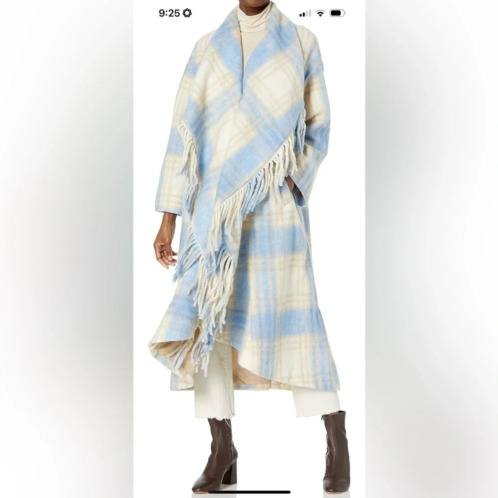NWT- Cinq à Sept 'Lita' Wool-Blend Fringe-Trim Plaid Coat, Glacier Blue - Medium - Picture 1 of 9